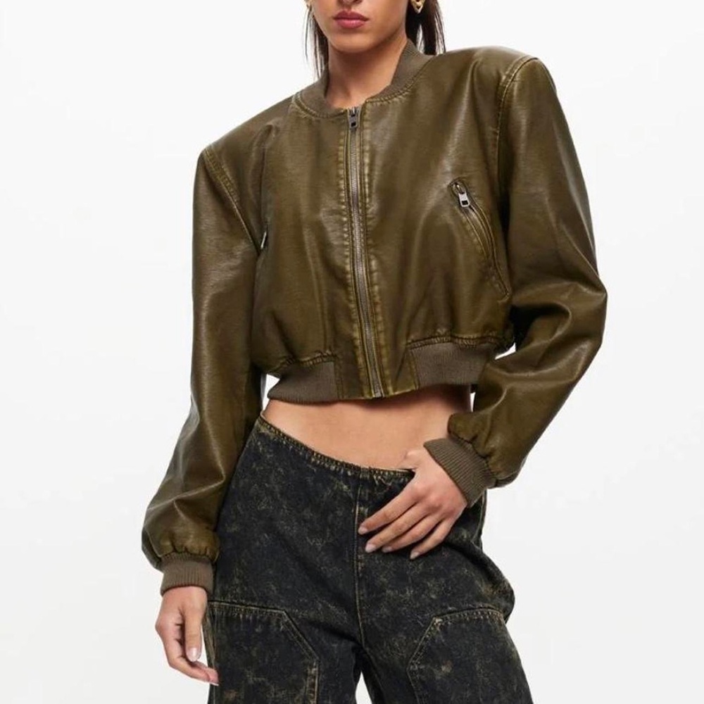 REVOLVE Coated Bomber Jacket Brown Ash Cropped Oversized LIONESS Faux Leather